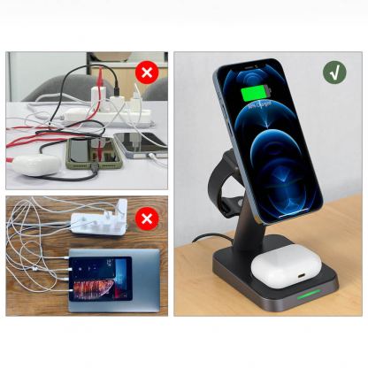 Тройна поставка (пад) за безжично зареждане за iPhone с Magsafe, Apple Watch, AirPods Pro и други устройства с Qi безжично зареждане - Acefast E3 3-in-1 Wireless Charger with MagSafe 15W (черен) 9