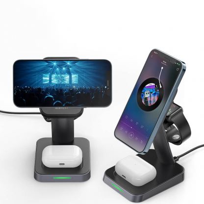 Тройна поставка (пад) за безжично зареждане за iPhone с Magsafe, Apple Watch, AirPods Pro и други устройства с Qi безжично зареждане - Acefast E3 3-in-1 Wireless Charger with MagSafe 15W (черен) 16
