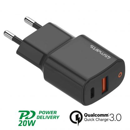 Захранване за ел. мрежа с USB, USB-C изход и технологии за бързо зареждане - 4smarts Wall Charger DoublePort 20W with Quick Charge and PD (черен) 4
