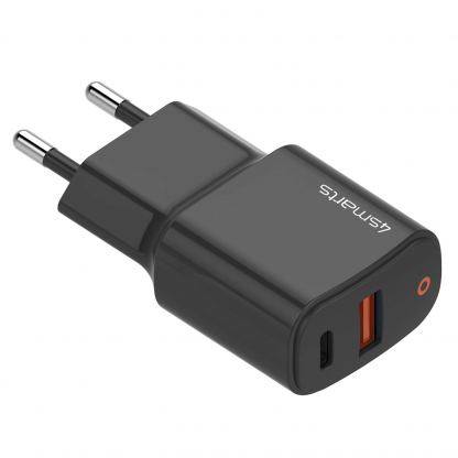Захранване за ел. мрежа с USB, USB-C изход и технологии за бързо зареждане - 4smarts Wall Charger DoublePort 20W with Quick Charge and PD (черен) 5