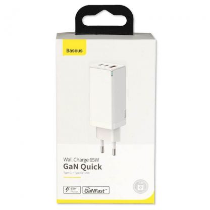 Захранване за ел. мрежа за лаптопи, смартфони и таблети с USB-A и 2xUSB-C изходи с технология за бързо зареждане - Baseus GaN Laptop Charger 65W (CCGAN-H02) (бял) 2