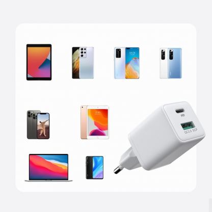 Захранване за ел. мрежа с USB-A и USB-C изходи и технология за бързо зареждане (бял)  - Joyroom Mini Fast Charger 30W 5