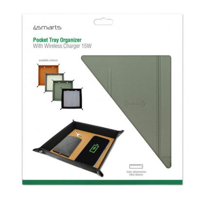 Настолен органайзер с поставка (пад) за безжично зареждане за Qi съвместими устройства - 4smarts Pocket Tray Organizer, 15W (зелен) 9