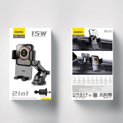 Магнитна поставка за таблото, стъклото или радиатора на кола с безжично зареждане за iPhone с Magsafe - Dudao F19 MagSafe Dashboard And Vent Car Mount 15W (черен) 5