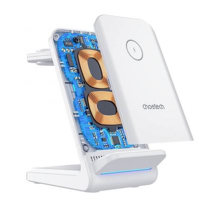 Тройна поставка (пад) за безжично зареждане за iPhone, Apple Watch, AirPods и Qi съвместими мобилни устройства - Choetech T608 3-in-1 Wireless Charger 15W (бял) 3