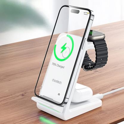Тройна поставка (пад) за безжично зареждане за iPhone, Apple Watch, AirPods и Qi съвместими мобилни устройства - Choetech T608 3-in-1 Wireless Charger 15W (бял) 4