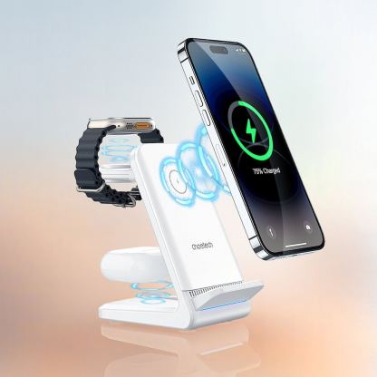 Тройна поставка (пад) за безжично зареждане за iPhone, Apple Watch, AirPods и Qi съвместими мобилни устройства - Choetech T608 3-in-1 Wireless Charger 15W (бял) 6