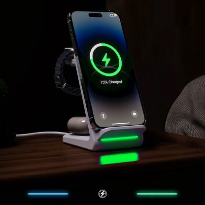 Тройна поставка (пад) за безжично зареждане за iPhone, Apple Watch, AirPods и Qi съвместими мобилни устройства - Choetech T608 3-in-1 Wireless Charger 15W (бял) 9