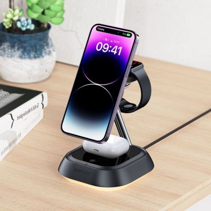 Тройна поставка (пад) за безжично зареждане за iPhone с Magsafe, Apple Watch и AirPods - Acefast 3-in-1 Inductive Wireless Charging Station 15W (черен) 3
