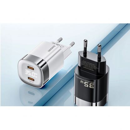 Захранване за ел. мрежа с 2xUSB-C PD изходи с технология за бързо зареждане (бял)  - Toocki GaN Wall Charger Dual USB-C 35W PD 5