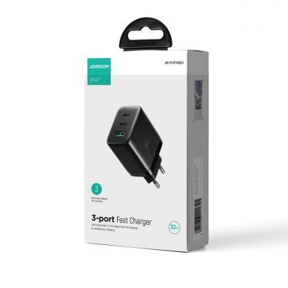 Захранване за ел. мрежа с USB-A и 2xUSB-C изходи с технология за бързо зареждане - Joyroom 2C1A Fast Wall Charger 32W (черен) 3