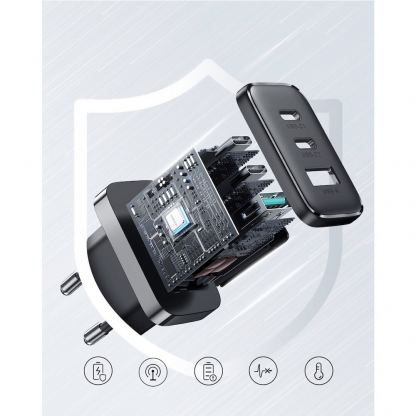 Захранване за ел. мрежа с USB-A и 2xUSB-C изходи с технология за бързо зареждане - Joyroom 2C1A Fast Wall Charger 32W (черен) 7