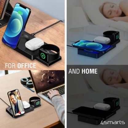 Тройна поставка (пад) за безжично зареждане за iPhone с Magsafe, Apple Watch, AirPods Pro и Qi съвместими мобилни устройства - 4smarts UltiMag Trident 3-in-1 Magnetic Wireless Charger 20W (бял) 3