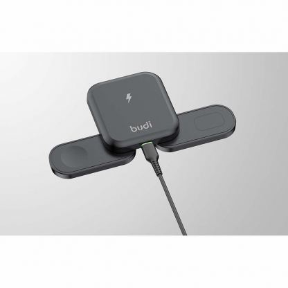 Сгъваема тройна поставка (пад) за безжично зареждане за iPhone, Apple Watch, AirPods и Qi съвместими мобилни устройства - Budi 3-in-1 Wireless Charger 15W (черен) 2