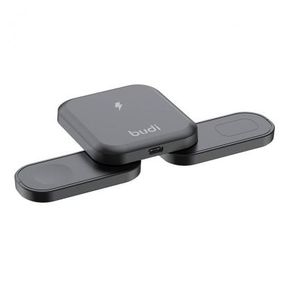 Сгъваема тройна поставка (пад) за безжично зареждане за iPhone, Apple Watch, AirPods и Qi съвместими мобилни устройства - Budi 3-in-1 Wireless Charger 15W (черен) 4