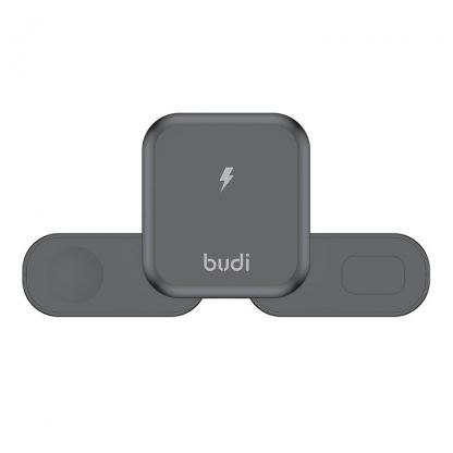 Сгъваема тройна поставка (пад) за безжично зареждане за iPhone, Apple Watch, AirPods и Qi съвместими мобилни устройства - Budi 3-in-1 Wireless Charger 15W (черен) 8