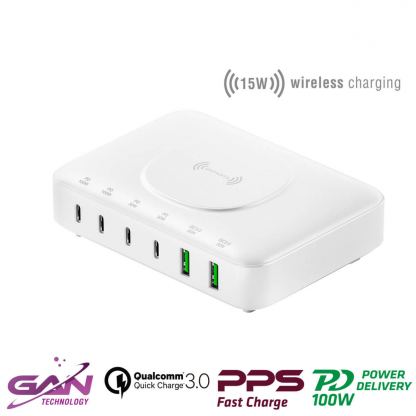 Захранване за ел. мрежа с 4xUSB-C PD изхода и 2xUSB изходa - 4Smarts 7in1 GaN PD Wireless Charging Station 100W (бял) 2