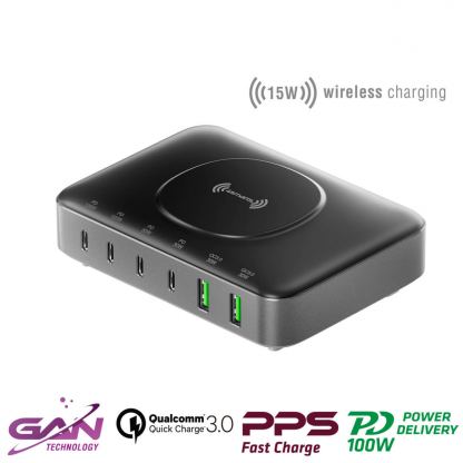 Захранване за ел. мрежа с 4xUSB-C PD изхода и 2xUSB изходa - 4Smarts 7in1 GaN PD Wireless Charging Station 100W (черен) 2