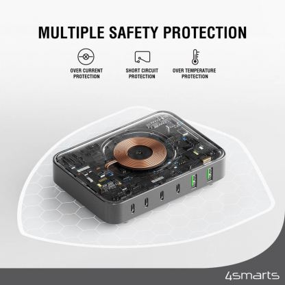 Захранване за ел. мрежа с 4xUSB-C PD изхода и 2xUSB изходa - 4Smarts 7in1 GaN PD Wireless Charging Station 100W (черен) 7