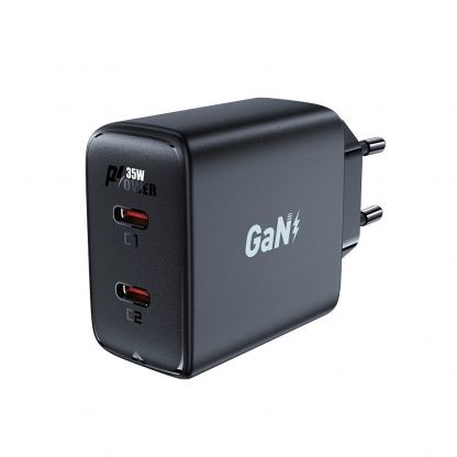 Захранване за ел. мрежа с 2xUSB-C PD изходи с технология за бързо зареждане (черен)  - Acefast A49 GaN Wall Charger Dual USB-C 35W PD 2