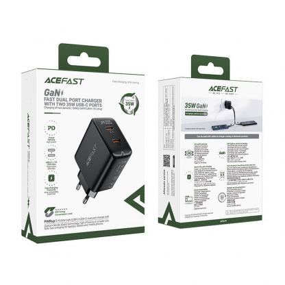 Захранване за ел. мрежа с 2xUSB-C PD изходи с технология за бързо зареждане (черен)  - Acefast A49 GaN Wall Charger Dual USB-C 35W PD 5