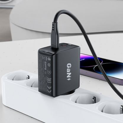 Захранване за ел. мрежа с 2xUSB-C PD изходи с технология за бързо зареждане (черен)  - Acefast A49 GaN Wall Charger Dual USB-C 35W PD 7