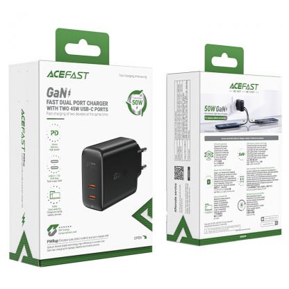 Захранване за ел. мрежа за лаптопи, смартфони и таблети с 2xUSB-C изходи (черен)  - Acefast A29 PD 50W GaN Fast Charger 3