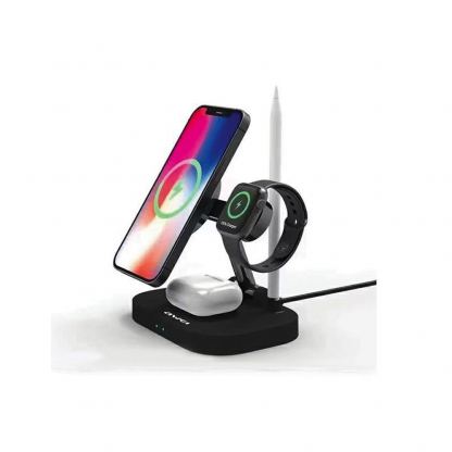 Тройна поставка (пад) за безжично зареждане за iPhone с Magsafe, Apple Watch, AirPods Pro, Apple Pencil и Qi съвместими устройства - Awei 4in1 Inductive Wireless Charging Station 15W (черен) 2