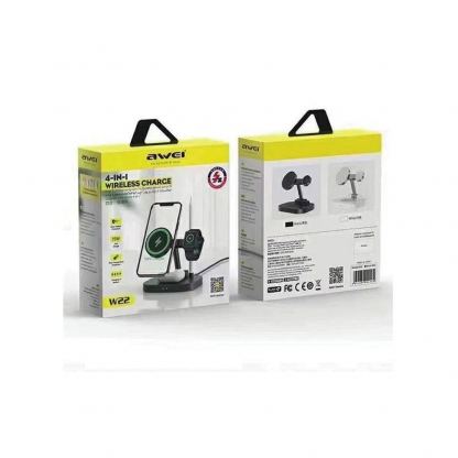 Тройна поставка (пад) за безжично зареждане за iPhone с Magsafe, Apple Watch, AirPods Pro, Apple Pencil и Qi съвместими устройства - Awei 4in1 Inductive Wireless Charging Station 15W (черен) 4
