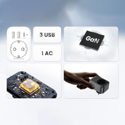 Захранване за ел. мрежа с 2хUSB-A и USB-C изходи и преходник към EU стандарт - Ugreen GaN Compact Travel Charger 30W With EU Plug (черен) 3