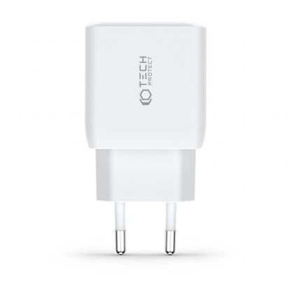 Захранване за ел. мрежа с 2xUSB-C PD изходи с технология за бързо зареждане (бял)  - Tech-Protect Wall Charger Dual USB-C 35W PD 3