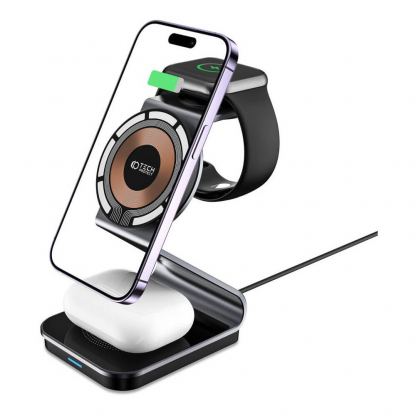 Тройна поставка (пад) за безжично зареждане за iPhone с Magsafe, Apple Watch и AirPods - Tech-Protect 3-in-1 Inductive Wireless Charging Station Qi15W-A29 (черен) 2
