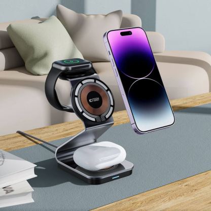 Тройна поставка (пад) за безжично зареждане за iPhone с Magsafe, Apple Watch и AirPods - Tech-Protect 3-in-1 Inductive Wireless Charging Station Qi15W-A29 (черен) 6