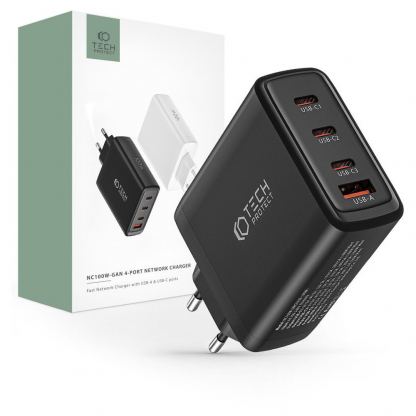 Захранване за ел. мрежа за лаптопи, смартфони и таблети с 3xUSB-C и 1xUSB-A изходи с технология за бързо зареждане - Tech-Protect GaN Fast Wall Charger 100W (черен) 2