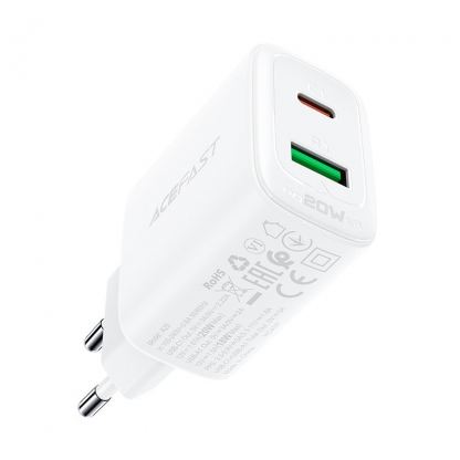 Захранване за ел. мрежа с USB-A и USB-C изходи и технология за бързо зареждане - Acefast Dual Wall Charger 20W (бял) 10