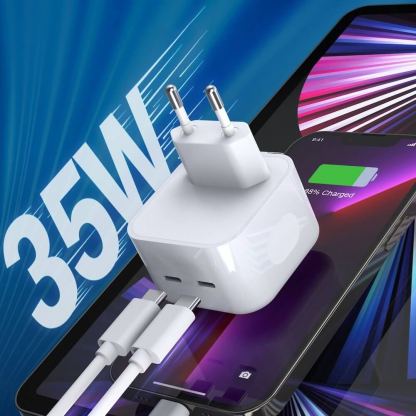 Захранване за ел. мрежа с 2xUSB-C PD изходи с технология за бързо зареждане (бял)  - Choetech Wall Charger Dual USB-C 35W PD 3