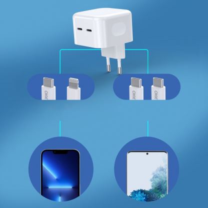 Захранване за ел. мрежа с 2xUSB-C PD изходи с технология за бързо зареждане (бял)  - Choetech Wall Charger Dual USB-C 35W PD 4