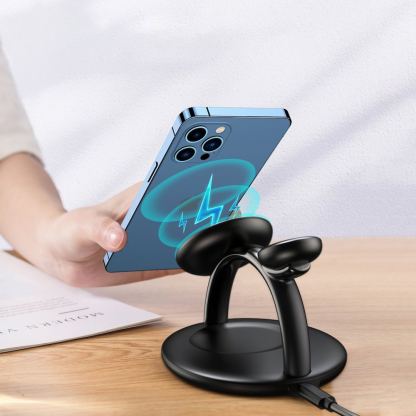 Тройна поставка (пад) за безжично зареждане за iPhone с Magsafe, Apple Watch, AirPods Pro и Qi съвместими устройства - Choetech 3in1 Inductive Wireless Charging Station 22.5W (черен) 3