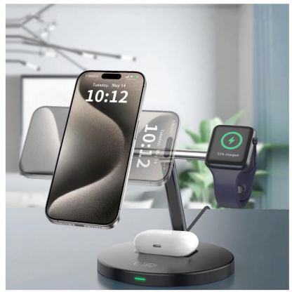 Тройна поставка (пад) за безжично зареждане за iPhone с Magsafe, Apple Watch и AirPods - Tech-Protect 3-in-1 Inductive Wireless Charging Station Qi15W-A35 (черен) 5