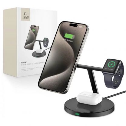 Тройна поставка (пад) за безжично зареждане за iPhone с Magsafe, Apple Watch и AirPods - Tech-Protect 3-in-1 Inductive Wireless Charging Station Qi15W-A35 (черен) 6