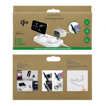 Тройна поставка (пад) за безжично зареждане за iPhone с MagSafe, Apple Watch, AirPods Pro и Qi съвместими мобилни устройства - 4smarts Qi2 Charging Station Trident With MFi Fast Charger for Apple Watch (бял) 11