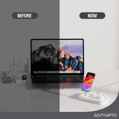 Двойна поставка (пад) за безжично зареждане за iPhone с MagSafe, Apple Watch, AirPods Pro и Qi съвместими мобилни устройства - 4smarts Qi2 Charging Station Trident (бял) 8