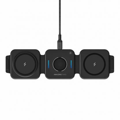 Сгъваема тройна поставка (пад) за безжично зареждане за iPhone с MagSafe, Apple Watch, AirPods и Qi съвместими мобилни устройства - AmazingThing 3-in-1 Explorer Pro Wireless Charging Station 15W (черен) 3