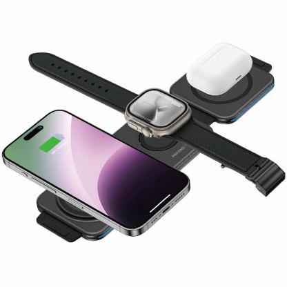 Сгъваема тройна поставка (пад) за безжично зареждане за iPhone с MagSafe, Apple Watch, AirPods и Qi съвместими мобилни устройства - AmazingThing 3-in-1 Explorer Pro Wireless Charging Station 15W (черен) 4