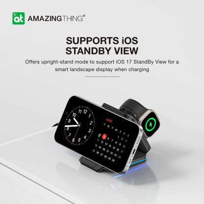 Сгъваема тройна поставка (пад) за безжично зареждане за iPhone с MagSafe, Apple Watch, AirPods и Qi съвместими мобилни устройства - AmazingThing 3-in-1 Explorer Pro Wireless Charging Station 15W (черен) 5