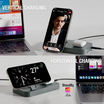 Двойна поставка (пад) за безжично зареждане за iPhone с MagSafe, Apple Watch, AirPods Pro и Qi съвместими мобилни устройства - 4smarts Qi2 Charging Station Trident (черен) 3