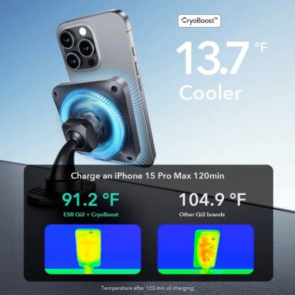 Поставка за радиатора или таблото на кола с безжично зареждане за iPhone с Magsafe - ESR Halolock CryoBoost MagSafe Vent Car Mount Qi 2 15W (черен) 4