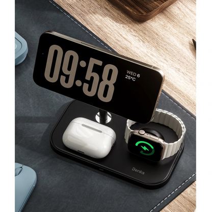 Тройна поставка (пад) за безжично зареждане за iPhone с Magsafe, Apple Watch и AirPods Pro - Benks Infinity 3-in-1 Magnetic MagSafe Wireless Charger (черен) 3