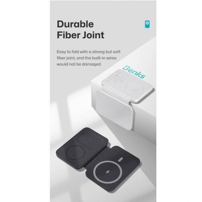 Преносима тройна поставка (пад) за безжично зареждане за iPhone с MagSafe, Apple Watch, AirPods и Qi съвместими мобилни устройства - Benks On Go 3-in-1 MagSafe Foldable Pad 15W (бял) 8