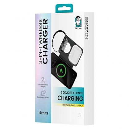 Преносима тройна поставка (пад) за безжично зареждане за iPhone с MagSafe, Apple Watch, AirPods и Qi съвместими мобилни устройства - Benks On Go 3-in-1 MagSafe Foldable Pad 15W (бял) 9